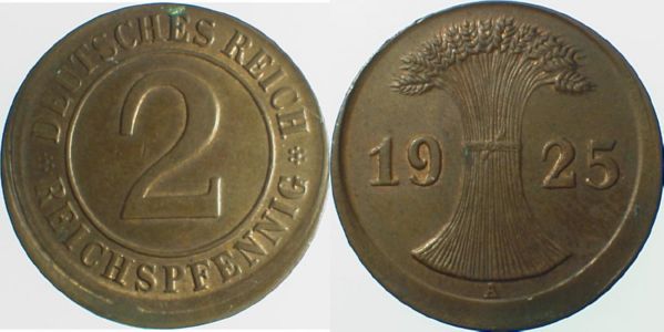 2 Pfennig 1925 A dezentriert J134