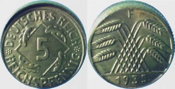 5 Pfennig 1936 F J316 dezentriert 10%