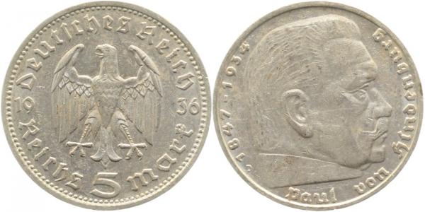 5 Reichsmark 36D ss Münzzeichen D wie J Vz J360 ss 5 Reichsmark