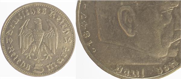 5 Reichsmark 36D ss Münzzeichen Fehlerhaft J360 ss 5 Reichsmark