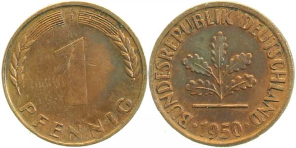 1 Pfennig 1950 J RS doppelt geprägt! J380