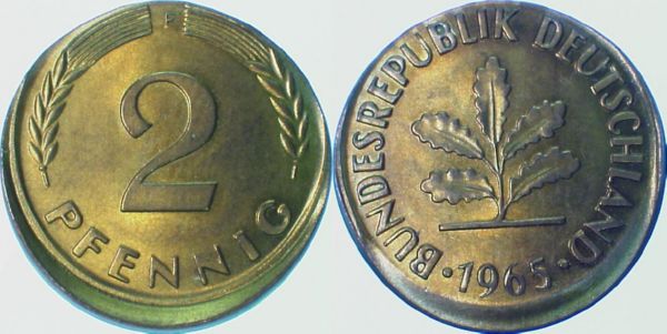 2 Pfennig 1965 F dezentriert 10% J381