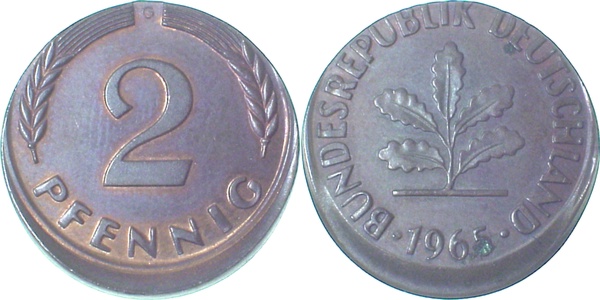 2 Pfennig 1965 G dezentriert 10% J381