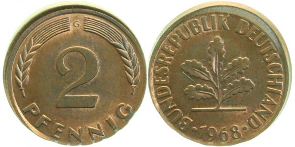 2 Pfennig 1968 G dezentriert 5% J381