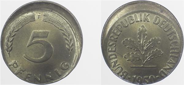5 Pfennig 1950 F dezentriert geprägt 15%