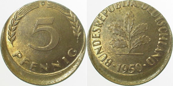5 Pfennig 1950 G dezentriert geprägt J382