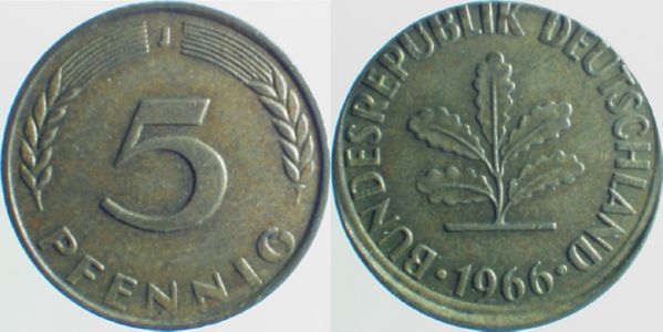 5 Pfennig 1966 J dezentriert D5 J382