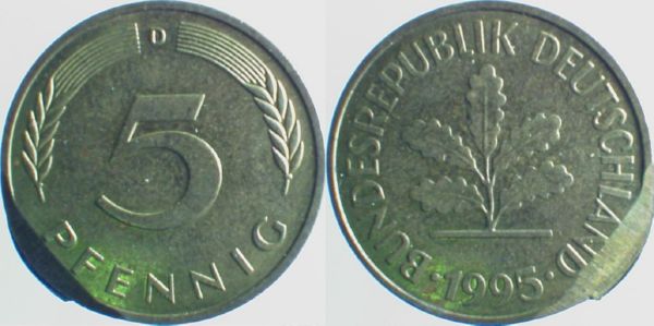 5 Pfennig 1995 D gequetscht!! J382