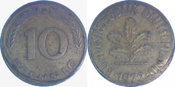 10 Pfennig 1972 D leicht dezentriert J383