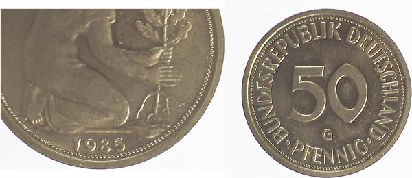 50 Pfennig 1985 G Stempelriss am Knie
