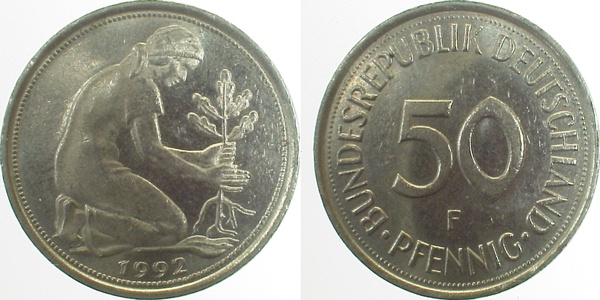 50 Pfennig 1992 F stark doppelt ss/vz Fehlprägungen