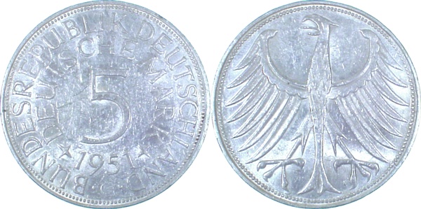 5 DM 51G deutlich Riß ü Adlerschwanz vz- J387 vz- 5 DM