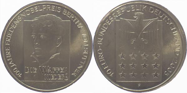 10 Euro 05F Suttner teilweise ohne Ring geprägt! J517 10 Euro