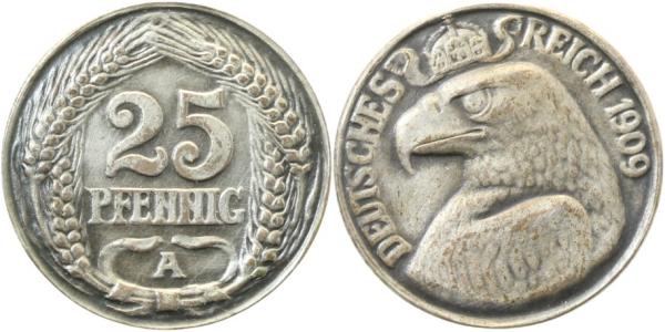 Probe 25 Pfennig 1909 A Cu/Ni versilbert selten!