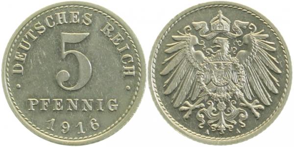 Probe 5 Pfennig 1916 A Eisen- Kupfer- plattiert, RRR