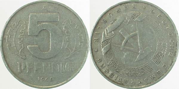 5 Pfennig DDR 1968 A S90 ss J1509 ss 5 Pfennig