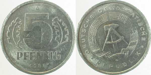 5 Pfennig DDR 1988 A S330 vz J1509 vz 5 Pfennig