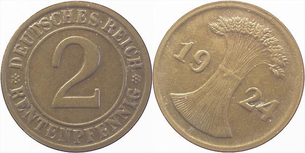 2 Pfennig 1924 D S45 ss/vz J307 ss / vz 2 Pfennig