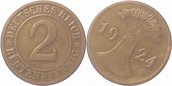 2 Pfennig 1924 J S40 ss-vz J307 ss-vz 2 Pfennig