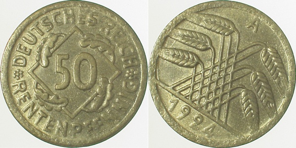 50 Pfennig 1924 A ca S45 prfr J310 prfr 50 Pfennig