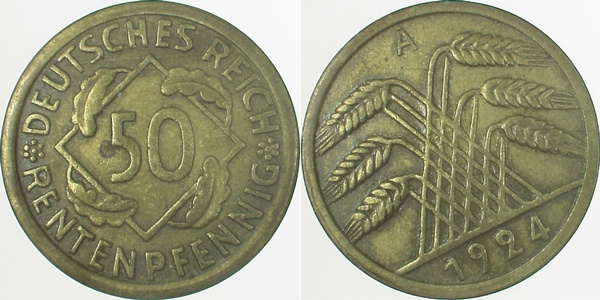 50 Rentenpfennig 1924 A, Stempeldrehung ca. S315 ss/vz
