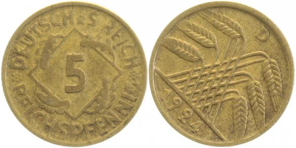 5 Pfennig 1924 D S 80 ss ! J316 S 5 Pfennig