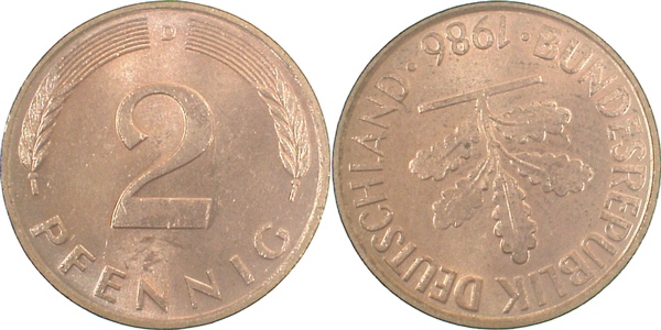 2 Pfennig 1986 D ca S160 vz/st J381 vz/st 2 Pfennig