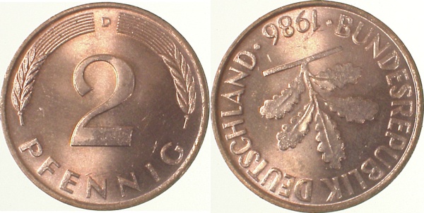 2 Pfennig 1986 D vz/st S150 J381 vz/st 2 Pfennig