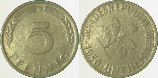 5 Pfennig 1950 G S45 ss/vz J382 ss / vz 5 Pfennig