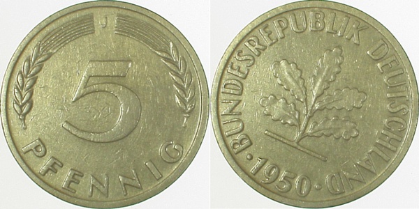 5 Pfennig 1950 J ca S25 ss J382 ss 5 Pfennig