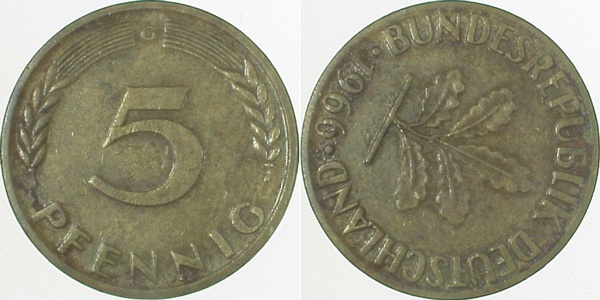 5 Pfennig 1966 G Stempeldrehung 180° ss/vz