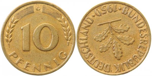 10 Pfennig 1950 G Stempeldrehung 180 !Französische Prägung