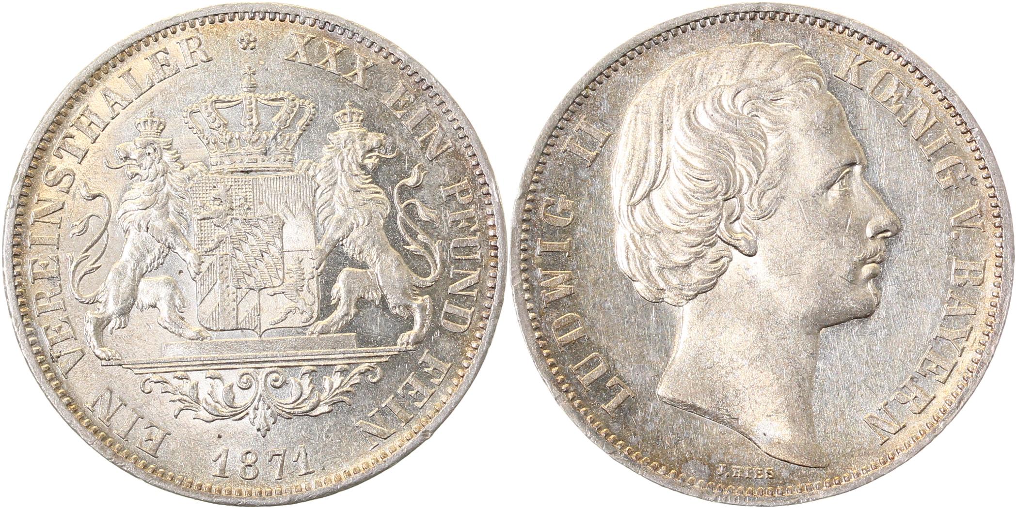 VereinsTaler Ludwig II Bayern 1871 vz/st aus EA Th 106 Ries