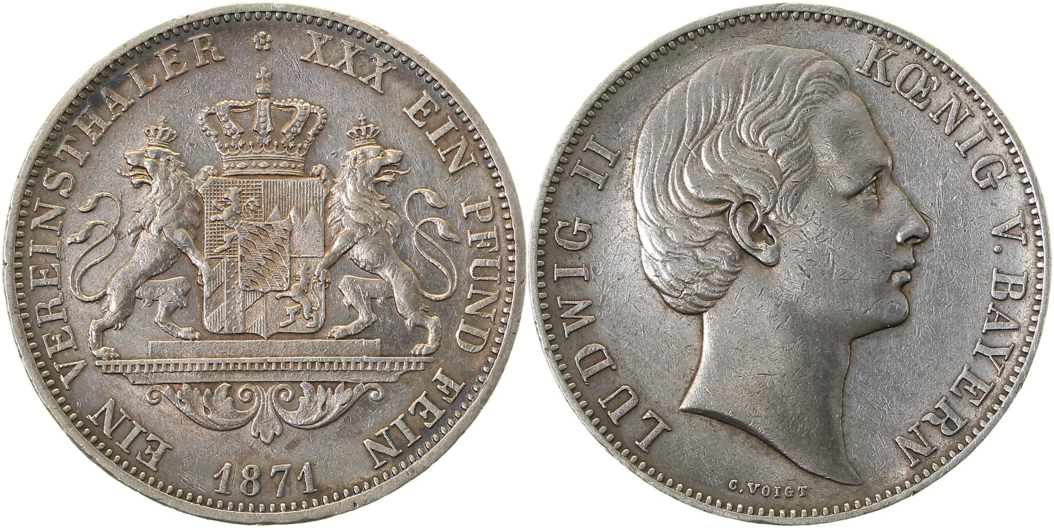 Bayern Vereinstaler Ludwig II 1871 Thun 103 Mmz C. Voigt