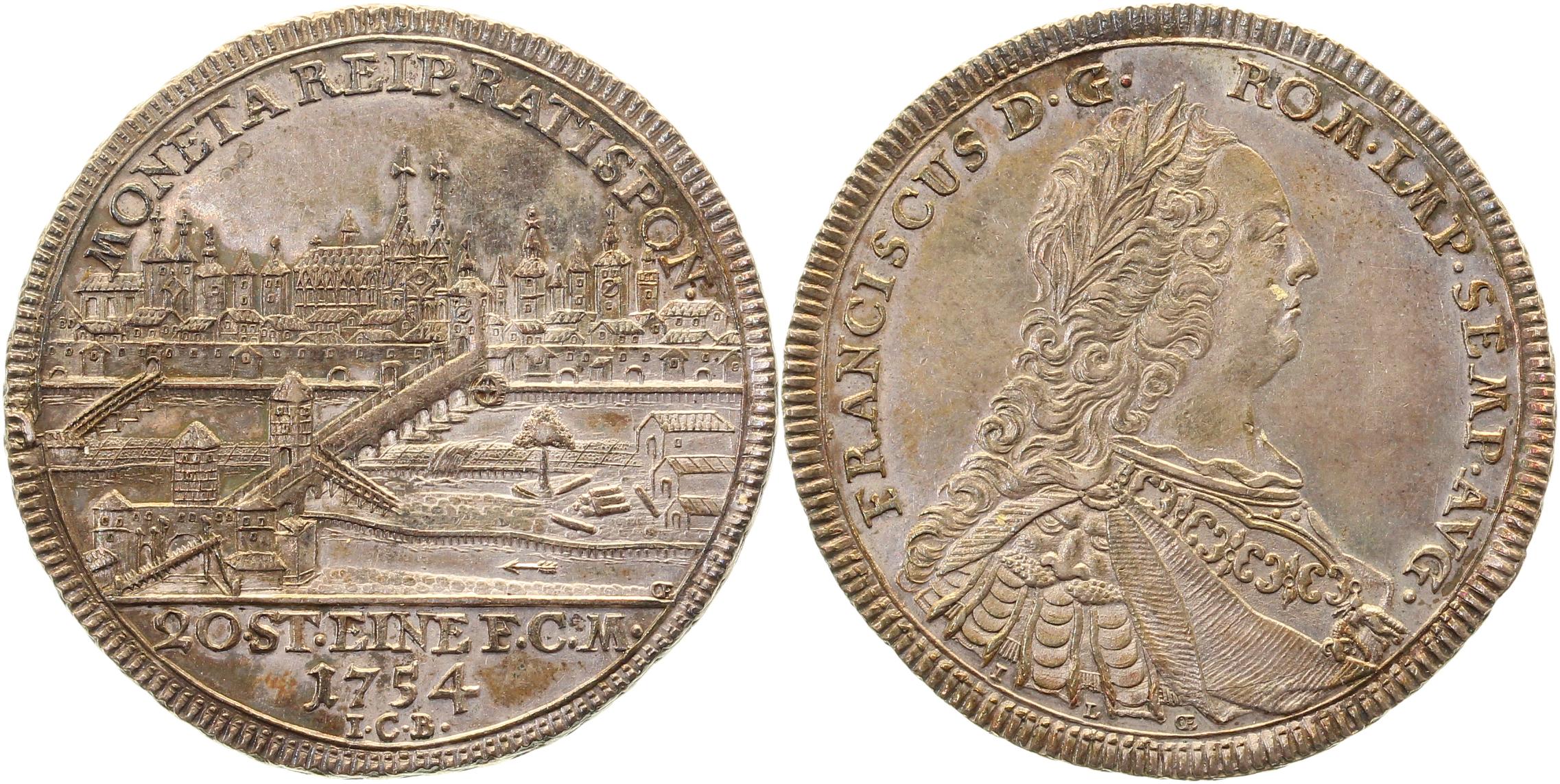 0,5 Taler 1754 Regensburg Franz f prfrl, schöne Patina