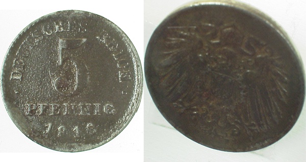 5 Pfennig 1916 F glatter Rand ss J297 ss 5 Pfennig