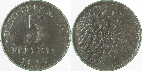 5 Pfennig 1917 A glatter Rand vz J297 vz 5 Pfennig