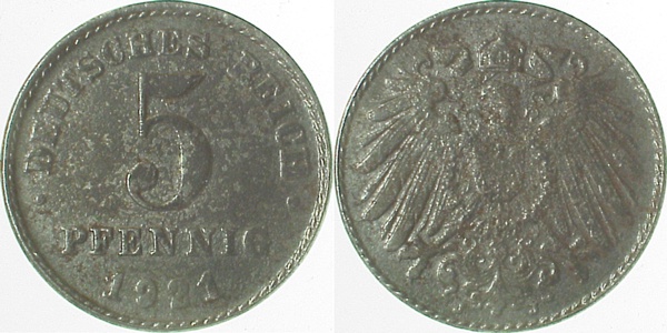 5 Pfennig 1921 J glatter Rand S10 J297 5 Pfennig