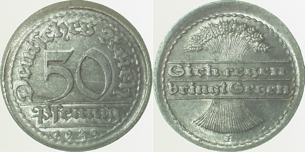 50 Pfennig 1920 E o Riffelrand vz! J301 vz! 50 Pfennig