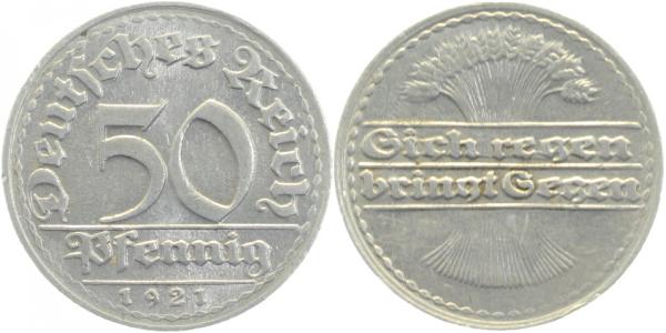 50 Pfennig 1921 o Münzzeichen vz ! J301 vz 50 Pfennig