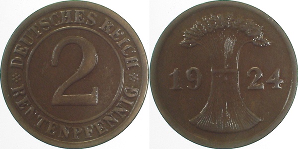2 Pfennig 24 ohne Münzzeichen ss/vz J307 ss / vz 2 Pfennig