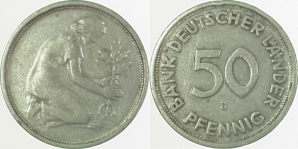50 Pfennig Bdl ohne Jz Münzzeichen :J ss J379 ss 50 Pfennig