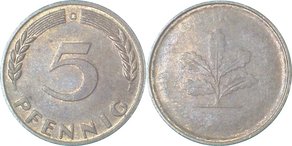5 Pfennig Münzzeichen G, Rückseite fast unbeprägt J382 fast 5 Pfennig