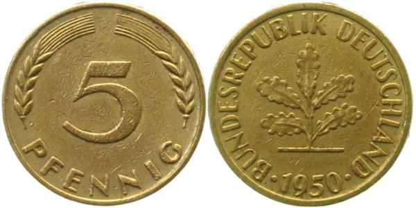 5 Pfennig 50 ohne Münzzeichen vz+ ! J382 vz+ 5 Pfennig