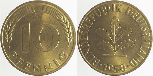 10 Pfennig 1950 F fast ohne Münzzeichen gepr! J383 fast 10 Pfennig