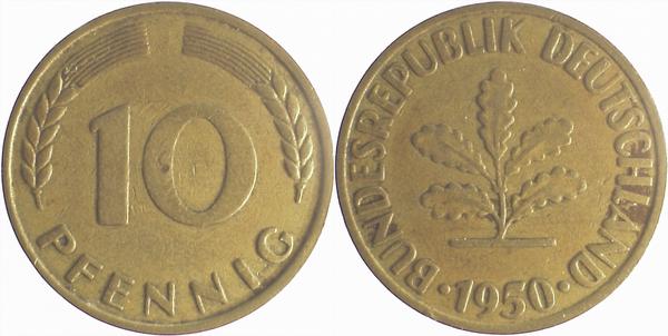 10 Pfennig 1950 ohne Münzzeichen ss/vz J383 ss / vz 10 Pfennig