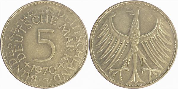 5 DM 70G ss/vz teilweise schw geprägt J387 ss / vz 5 DM