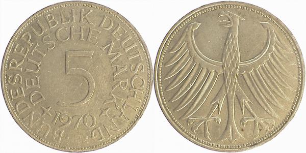 5 DM 70J Münzzeichen kaum geprägt ss/vz J387 ss / vz 5 DM