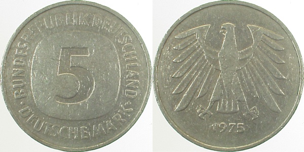 5 DM 1975 ohne Münzzeichen ss J415 ss 5 DM