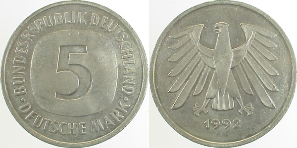 5 DM 1992 ohne Münzzeichen bfr J415 bfr 5 DM